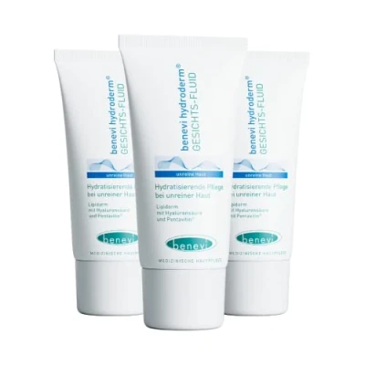 Abbildung von benevi Hydroderm Gesichts Fluid 3 x 50ml: Creme bei Akne und einer irritierten, trockenen Haut durch eine Aknetherapie. Produkte der Pflege Serie kann Hautirritationen lindern.