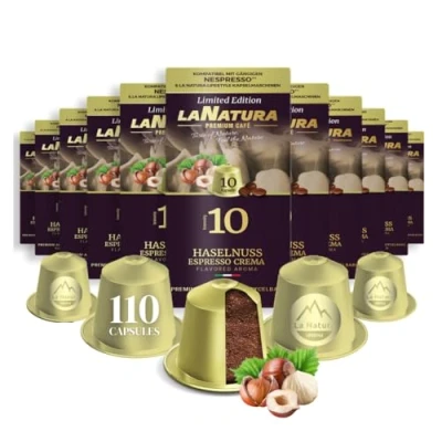 Abbildung von Kaffee Haselnuss Espresso Crema Premium Aromatisierter 110 Aluminium Kaffeekapseln 100% Recycelbar La Natura Lifestyle