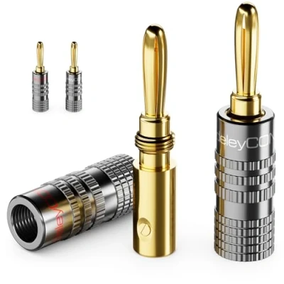Abbildung von deleyCON 4 Stück Bananenstecker Set Vergoldet Schraubbar für Lautsprecherkabel Boxenkabel 0,75 mm 4,5 &amp; z. B. HiFi Audio Heimkino Receiver Grau