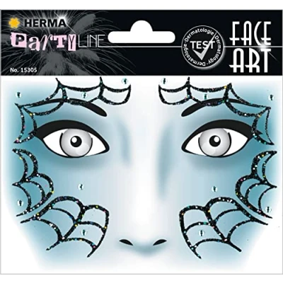 Abbildung von HERMA 15305 Face Art Sticker Spinnennetz, dermatologisch getestet, ablösbare Glitzer Gesicht Aufkleber, temporäre Tattoos für Karneval Fasching Halloween Festival Kinder Geburtstag, blau
