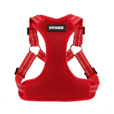 Abbildung von Voyager Verstellbares Hundegeschirr mit Reflektorstreifen by Best Pet Supplies Strapazierfähige Ganzkörperweste ohne Zugkraft Leinen D Ring, atmungsaktiv, Rot, size S