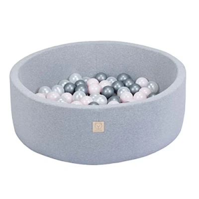 Abbildung von MISIOO Smart Bällebad Kinder für Baby Zimmer 200 Bälle Spielzeug Maschinenwaschbar Öko Tex 90 x 30 cm Hellgrau Rosa/Weiß/Silber