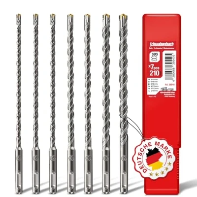 Abbildung von SCHWABENBACH ® SDS PLUS Betonbohrer Set Super Bohrer 7tlg. 5 6 8 10 12 x 210 mm Steinbohrer kompatibel mit Bosch Hilti Metabo Bohrhammer Premium Qualität für Schlagbohrmaschine