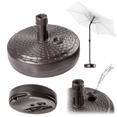 Abbildung von KADAX Sonnenschirmständer, Runder Schirmständer, Schirmhalter befüllbar mit Sand Wasser oder Kies, Ständer aus Kunststoff für Garten, Terrasse, Strand (Version 2 Rund, Braun)