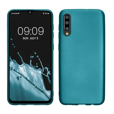 Abbildung von kwmobile Case kompatibel mit Samsung Galaxy A50 Hülle Schutzhülle aus Silikon metallisch schimmernd Handyhülle Metallic Karibikblau