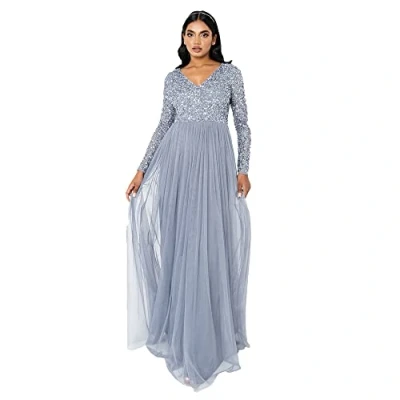 Abbildung von Maya Deluxe Damen Womens Ladies Dress Long Sleeve For Wedding Guest V Neck High Empire Waist Maxi Length Evening Kleid, Dusty Blue, 50 EU