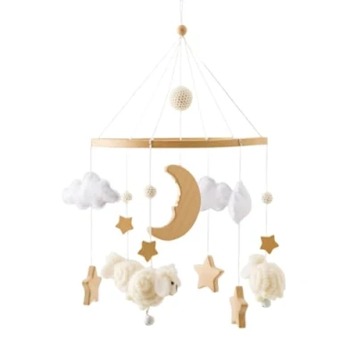 Abbildung von Herfair Mobile Baby Bettglocke mit Sterne Mond Schafe Hölz Mädchen Hängende Windspiel für Babybett Kinderbett (Beige)