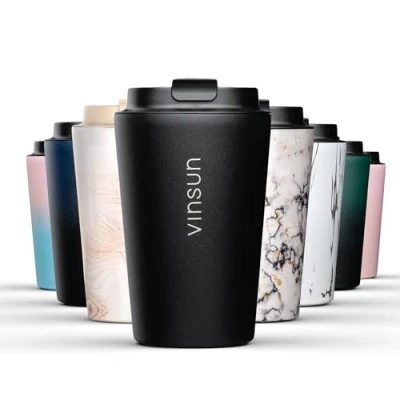 Abbildung von Vinsun Thermobecher Isolierbecher 350ml Schwarz Kaffeebecher to go, Edelstahl, auslaufsicher, bruchfest, für heiße und kalte Getränke