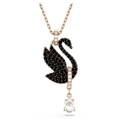 Abbildung von Swarovski Swan Anhänger, Schwarze, Rosé Vergoldete Damenhalskette mit großem Schwan Motiv und Strahlenden Kristallen
