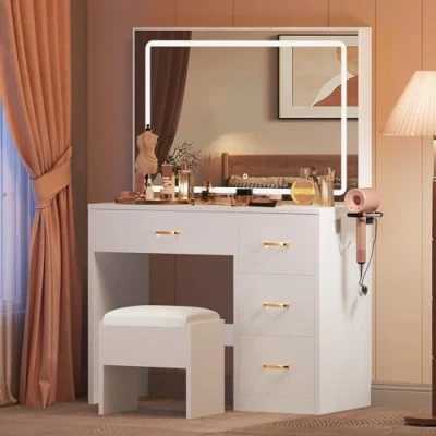 Abbildung von YITAHOME Schminktisch mit Spiegel, Kosmetiktisch 4 Schubladen, Beleuchtung, Steckdose, Weiß (Make Up Tisch, Frisiertisch, Kosmetiktisch, Vanity Table)