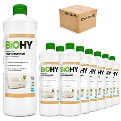 Abbildung von BiOHY Premium Polsterreiniger (12 x 1 Liter) Bio Konzentrat für Polstermöbel, Sofas, Teppiche &amp; Textilien Nasssauger andere Geräte geeignet geruchslösender Fleckentferner