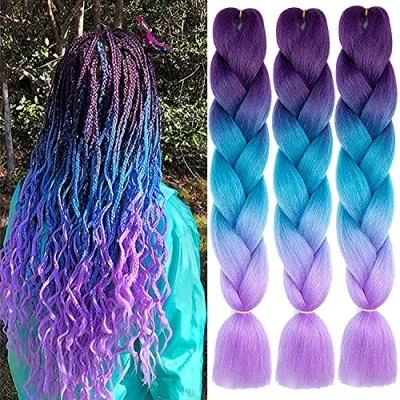 Abbildung von Ombre Braiding Hair, 3pack Kanekalon Haar Braids Extension, Jumbo Braid Haarverlängerung 24&quot;, Zöpfe Box Kunsthaar Zum Einflechten (Dunkellila Seeblau Helllila)