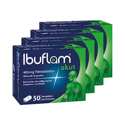 Abbildung von Ibuflam® akut 400 mg Ibuprofen Filmtabletten Doppel Pack 4 x 50 Stk. Ibu Schmerztabletten bei Schmerzen, Zahnschmerzen, Fieber und ErkältungSchnelle Schmerzlinderung mit