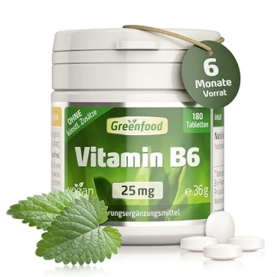 Abbildung von Vitamin B6, 25 mg, extra hochdosiert, 180 Tabletten Gut für die Bildung roter Blutkörperchen und zur Verringerung von Müdigkeit. Ohne künstliche Zusätze. Gentechnik. Vegan.
