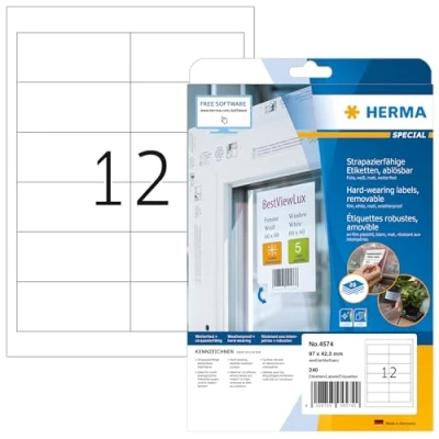 Abbildung von HERMA 4574 Wetterfeste Folienetiketten ablösbar, 640 Blatt, 97 x 42,3 mm, 12 pro A4 Bogen, 7680 Stück, selbstklebend, bedruckbar, matt, blanko Klebeetiketten Aufkleber aus Folie, weiß