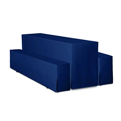 Abbildung von TexDeko® Hussen Bierzeltgarnitur 3 teiliges Set Premium Blickdicht strapazierfähig 2 Bierbankhusse 1 Biertischhusse 220x70cm für Festzeltgarnitur (Blau)
