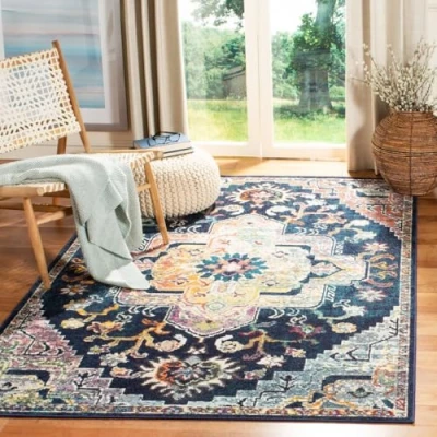 Abbildung von SAFAVIEH Boho Teppich für Wohnzimmer, Esszimmer, Schlafzimmer Crystal Collection, Kurzer Flor, Marineblau und Fuchsia, 122 X 183 cm