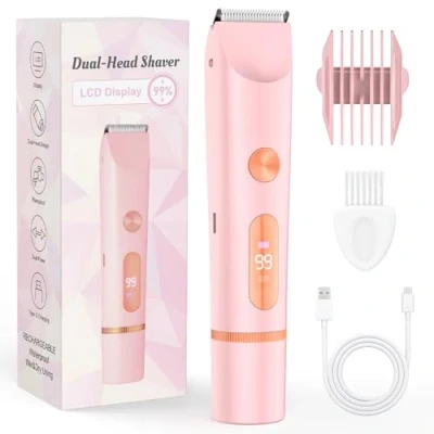 Abbildung von Rasierer Damen 2 in 1 Damenrasierer Elektrisch für Körper Scham und Nase Intimrasierer Frauen Nass Trockengebrauch Wiederaufladbarer Trimmer (Rosa)