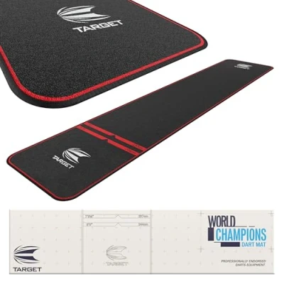 Abbildung von Target Darts World Champion Dart Matte Schwarz und Rot Oche mit Softdart Steeldart Wurfabständen Rutschfeste Teppichmatte für Boden Dartspitzen Schutz Zubehör