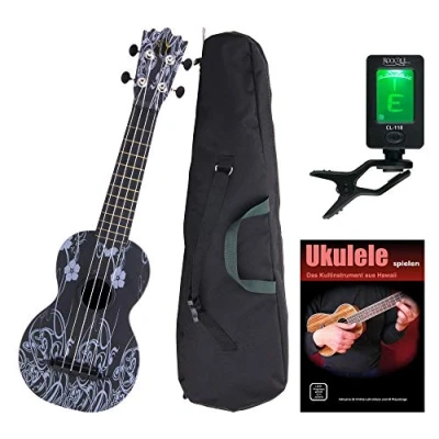 Abbildung von Classic Cantabile BeachBuddy &quot;Black Beauty&quot; Sopran Ukulele SET inkl. Tuner und Noten (Uke, Hawaii Gitarre, Kunststoff, 12 Bünde, Outdoor &amp; Strand tauglich, Stimmgerät, Schule)