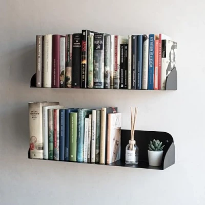 Abbildung von MILUKA Wandregal Schwarz 60 cm Bücherregal Wand, Bücher Regal Hängend Floating Bookshelf als Schwebendes Bücherregal, Büro Wand Deko Unsichtbares kleines 2er Set