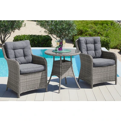 Abbildung von KONIFERA Garten Essgruppe &quot;Menorca&quot;, (Set, 3 tlg., 2x Sessel, 1x Tisch Ø 70 cm, inkl. Auflagen, Polyrattan, Aluminium), Aluminium, Tischplatte aus 5mm starkem Sicherheitsglas