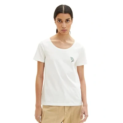 Abbildung von TOM TAILOR Damen 1035471 T Shirt mit Vogel Stickerei, 10315 Whisper White, M