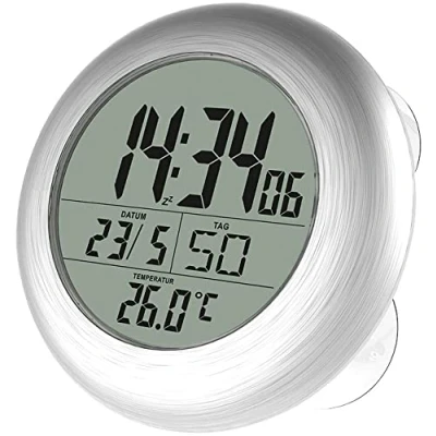 Abbildung von infactory Badezimmer Funkuhr: Digitale Bad Funk Wanduhr mit Thermometer, Alu, Saugnäpfe, IP24 (Bad Funkuhr, Badezimmeruhren, Geschenkideen)