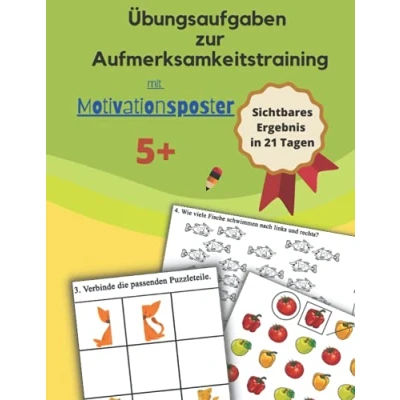 Abbildung von Übungsaufgaben zur Aufmerksamkeitstraining: Konzentrationsübungen Logische Verbindungen Lustiges Zählen Übungsheft für Jungen und Mädchen, farbiger Inhalt, glänzendes Softcover