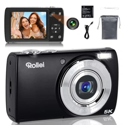 Abbildung von Rollei Powerflex Compact Digitalkamera, 64MP 5K Fotoapparat mit Dual Kamera 5X Digitalzoom AutoFocus Fotokamera 2,8“ Touch Display Tragbar Kompaktkamera Schwarz, Digital Camera