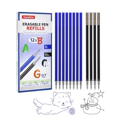 Abbildung von DealKits 12 Stück Radierbare Ersatzminen Kompatibel mit Legami 0,7mm Tintenroller Radierbar Nachfüllminen für Stifte, Thermoempfindliche Tinte 2 Farben (8 Blau, 4 Schwarz)