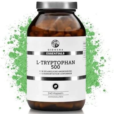 Abbildung von QIDOSHA® L Tryptophan Kapseln hochdosiert, 240 im Glas, vegan, 500mg je Kapsel, rein pflanzliches 500 mg, in Deutschland produziert