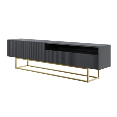 Abbildung von Selsey TV Schrank Board Sideboard Fernsehtisch Fernsehschrank 175 cm Goldene Beine Mit Offenem Fach Gefräste Front Schwarz Veldio