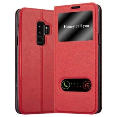 Abbildung von Cadorabo Hülle kompatibel mit Samsung Galaxy S9 Plus Sichtfenster aus Kunst Leder Flip Klappbare Stoßfeste Magnetische [Standfunktion] [Kartenfächern] Cover für Tasche in Rot