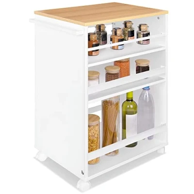 Abbildung von bomoe Nischenwagen Servierwagen auf Rollen mit 3 verstellbaren Ebenen &amp; FSC® Holz Küchenwagen Arbeitsplatte freistehender Universal Rollwagen Küche Bad Büro 50x38x79 cm Eiche Weiß Bengt