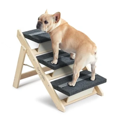 Abbildung von Holz Haustiertreppe/Haustierstufen für alle Hunde und Katzen 2 in 1 Faltbare Hundetreppe mit Teppichboden 3 Ebenen &amp; Rampe Betten Autos tragbare /Katzenleiter bis zu 54 kg
