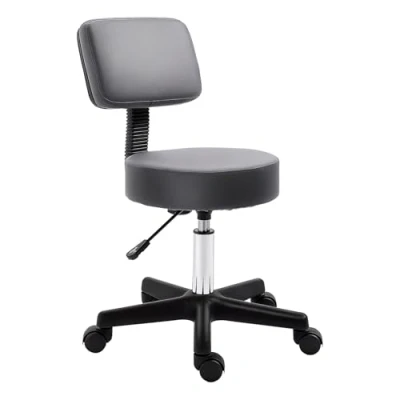 Abbildung von HOMCOM Rollhocker Höhenverstellbarer Arbeitshocker mit Lehne, Drehbarer Salon Hocker für Massage Büro Kunstleder Grau Ø35 x 72 84 cm