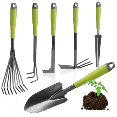 Abbildung von com four® 6 teiliges Garten Werkzeug Set Gartenset mit Doppelhacke, Kleingrubber, Fugenkratzer, Handrechen, Blumenkelle Gartenwerkzeug für Pflanzen und Gartenarbeit (6 Gartenset)