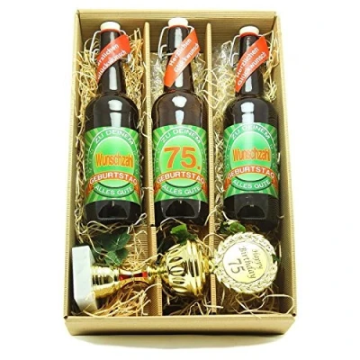 Abbildung von Bier Geschenk zum 75.Geburtstag Geburtstagsgeschenk fünfundsiebzigster Geburtstag Präsentkarton mit und Pokal 75.