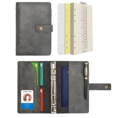 Abbildung von Wonderpool A6 Leder Notizbuch Nachfüllbares 6 Ringbuch Tagebuch Portfolio Gepunktetes Papier &amp; Innentaschen Organizer für Mann und Frau (Grau, A6)