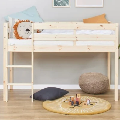 Abbildung von Hoppekids ECO Comfort Hochbett 70x160 mit Lattenrost und Kaltschaummatratze Natur Das Nordische Umweltzeichen TÜV Zertifiziert FSC® zertifiziertes massives Kiefernholz