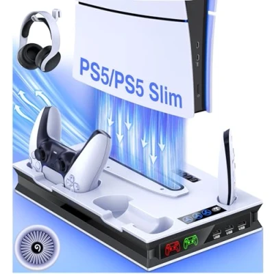 Abbildung von GAMSINGY PS5 Slim Ständer mit Lüfter, Standfuß für PS5/PS5 Disc/Digital Edition, Zubehör Headset Halterung/PS5 Controller Ladestation/PS5 Fernbedienung Solt/3 USB Hub