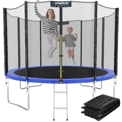 Abbildung von Kinetic Sports Gartentrampolin SALTO PLUS, Ø 275 cm, Komplett Set mit Leiter, Regenplane, Einstiegsleiter