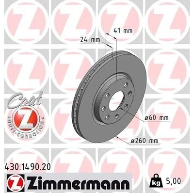Abbildung von ZIMMERMANN COAT Z 430.1490.20 Bremsscheibe 260 24 7/4 4 100 innenbelüftet beschichtet OPEL: Meriva A, Corsa C Schrägheck, Combo Kasten / Kombi