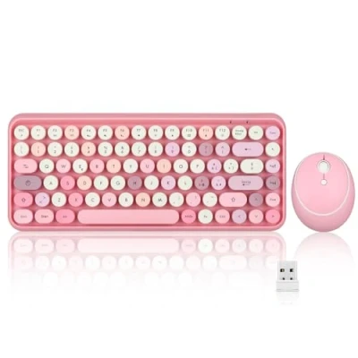 Abbildung von Perixx PERIDUO 713 Kabellose Tastatur und Maus, runde Tasten, Retro Schreibmaschine Design, Multimedia Cute Pink, Italienische QWERTY