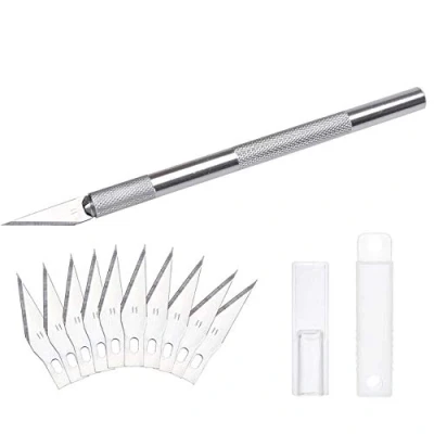 Abbildung von DealKits Skalpell Set, inkl. 10x SK5 Ersatzklingen und Schutzkappe, Bastelmesser Cuttermesser Comfortline Hobby Schnitzmesser zum Schneiden von Fondant Stoff Autofolie Basteln (Silber)