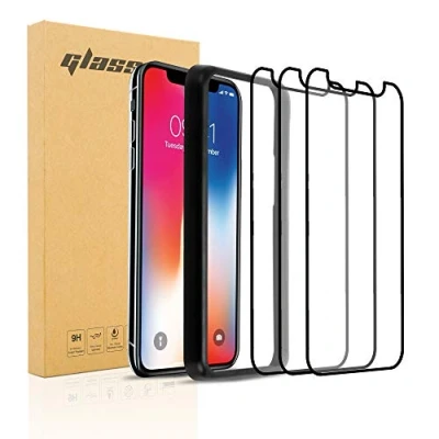 Abbildung von Cadorabo 3x Vollbild Tempered Glas kompatibel mit Apple iPhone XR Schutzfolie in TRANSPARENT SCHWARZ 3er Pack Gehärtetes (Tempered) Display Schutzglas Installationshilfe
