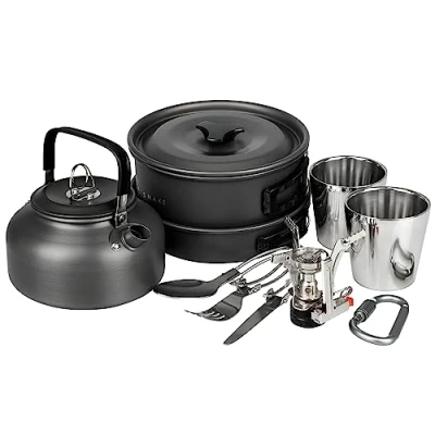 Abbildung von Camping Kochgeschirr. Becher und Besteck Set Wander Geschirr