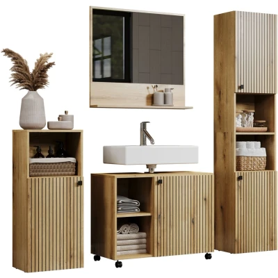 Abbildung von welltime Badmöbel Set &quot;Amrum&quot;, (Komplett Set, 4 St.), Badezimmermöbel mit Rillenoptik Waschbeckenunterschrank auf Rollen