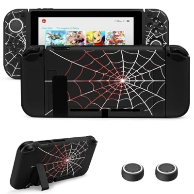 Abbildung von JINGDU Schutzhülle Kompatibel mit Nintendo Switch 2017, TPU Case Zubehör für Console und Grip Joy Con, Protector 4 Daumengriffen, Schwarzes Spinnennetz